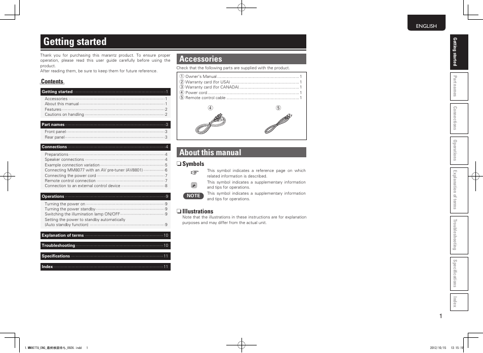 Getting started, Accessories, About this manual | Marantz MM8077 User Manual | Page 5 / 18
