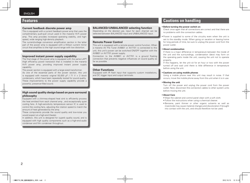 Features, Cautions on handling | Marantz MM8077 User Manual | Page 6 / 18
