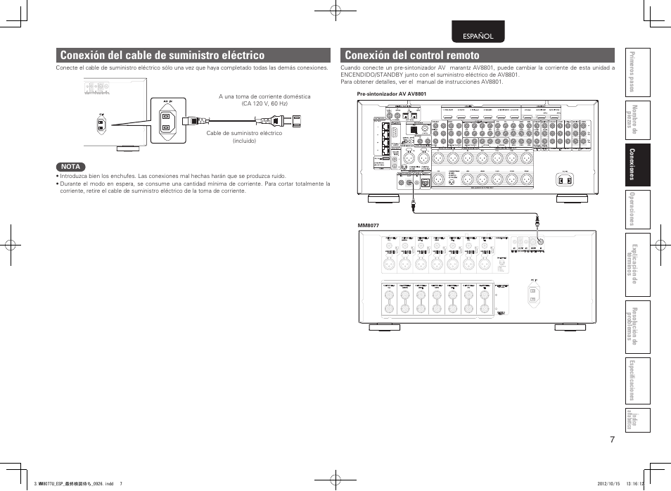 Conexión del cable de suministro eléctrico, Conexión del control remoto | Marantz MM8077 User Manual | Page 11 / 18