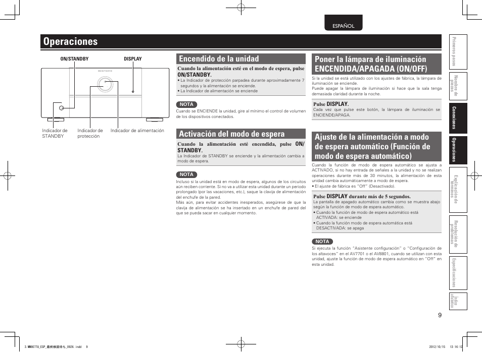 Operaciones, Encendido de la unidad, Activación del modo de espera | Marantz MM8077 User Manual | Page 13 / 18