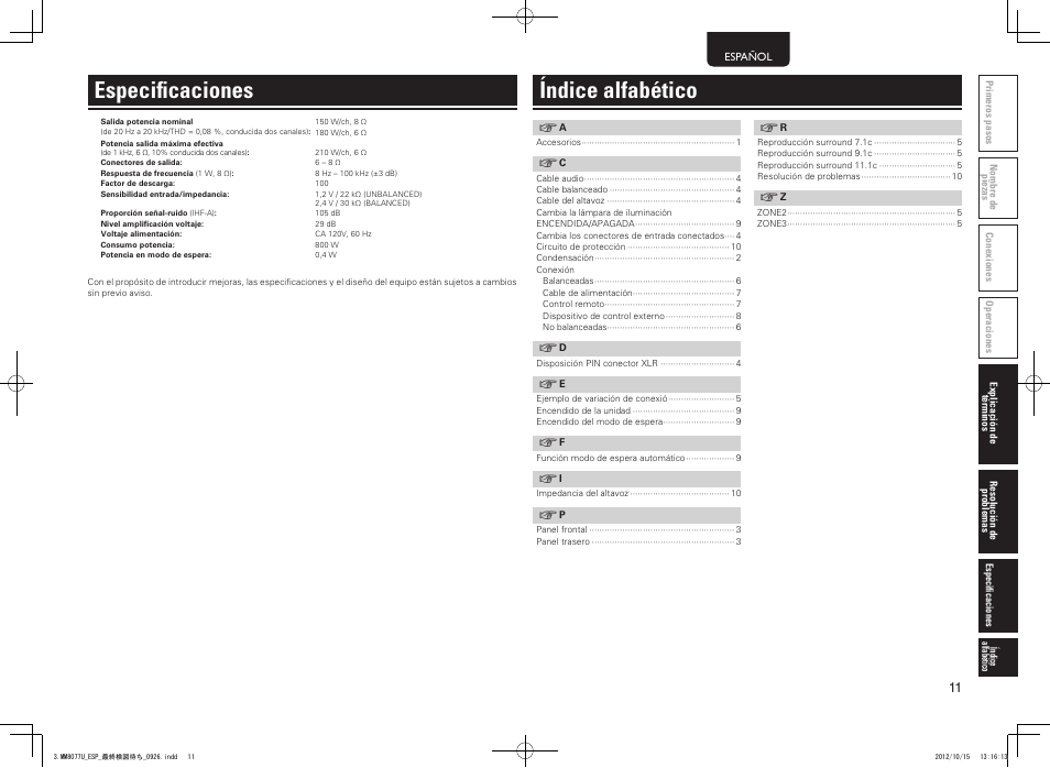 Especificaciones, Índice alfabético | Marantz MM8077 User Manual | Page 15 / 18