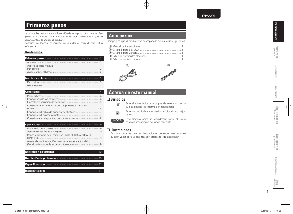 Primeros pasos, Accesorios, Acerca de este manual | Marantz MM8077 User Manual | Page 5 / 18