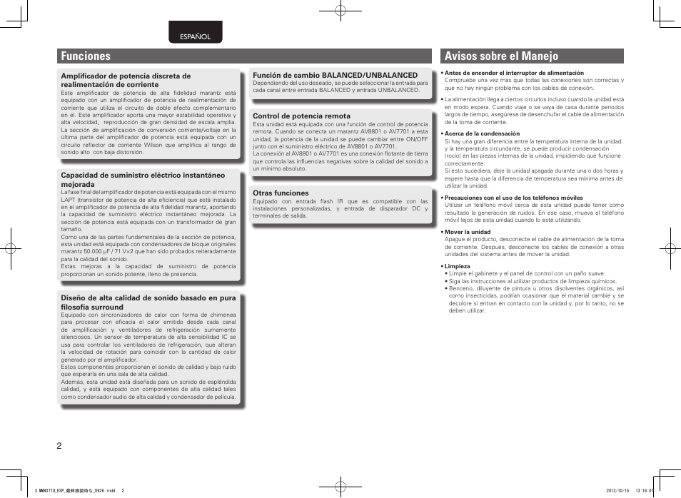 Funciones, Avisos sobre el manejo | Marantz MM8077 User Manual | Page 6 / 18