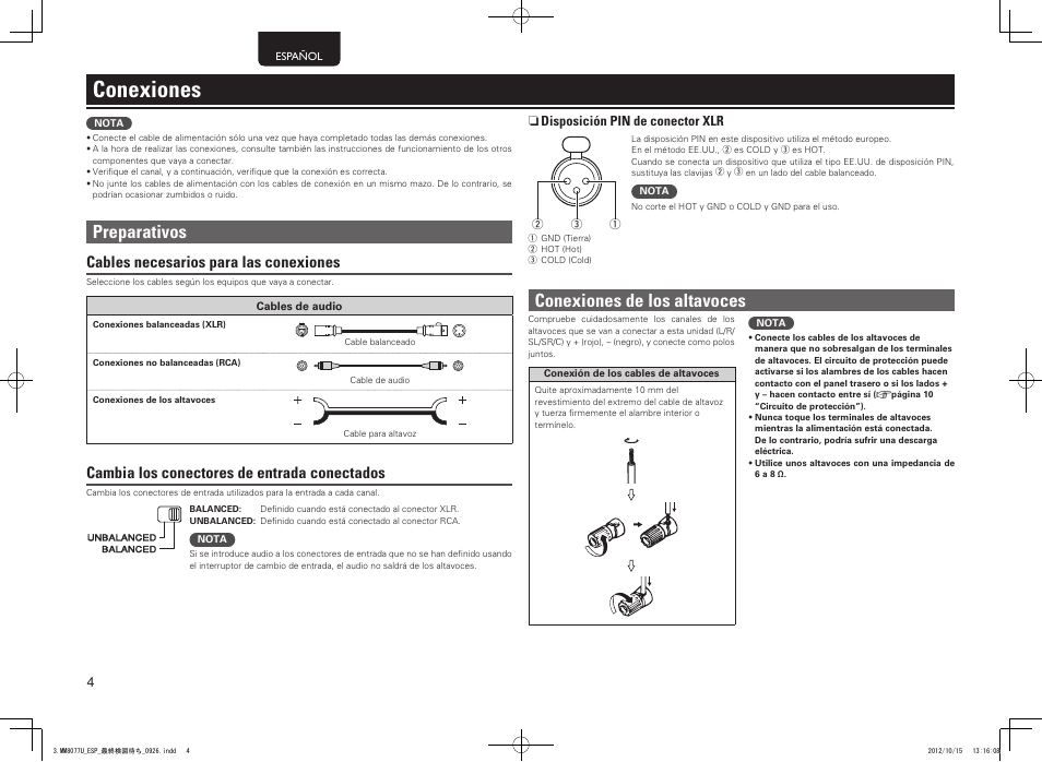 Conexiones, Preparativos, Conexiones de los altavoces | Cables necesarios para las conexiones, Cambia los conectores de entrada conectados | Marantz MM8077 User Manual | Page 8 / 18
