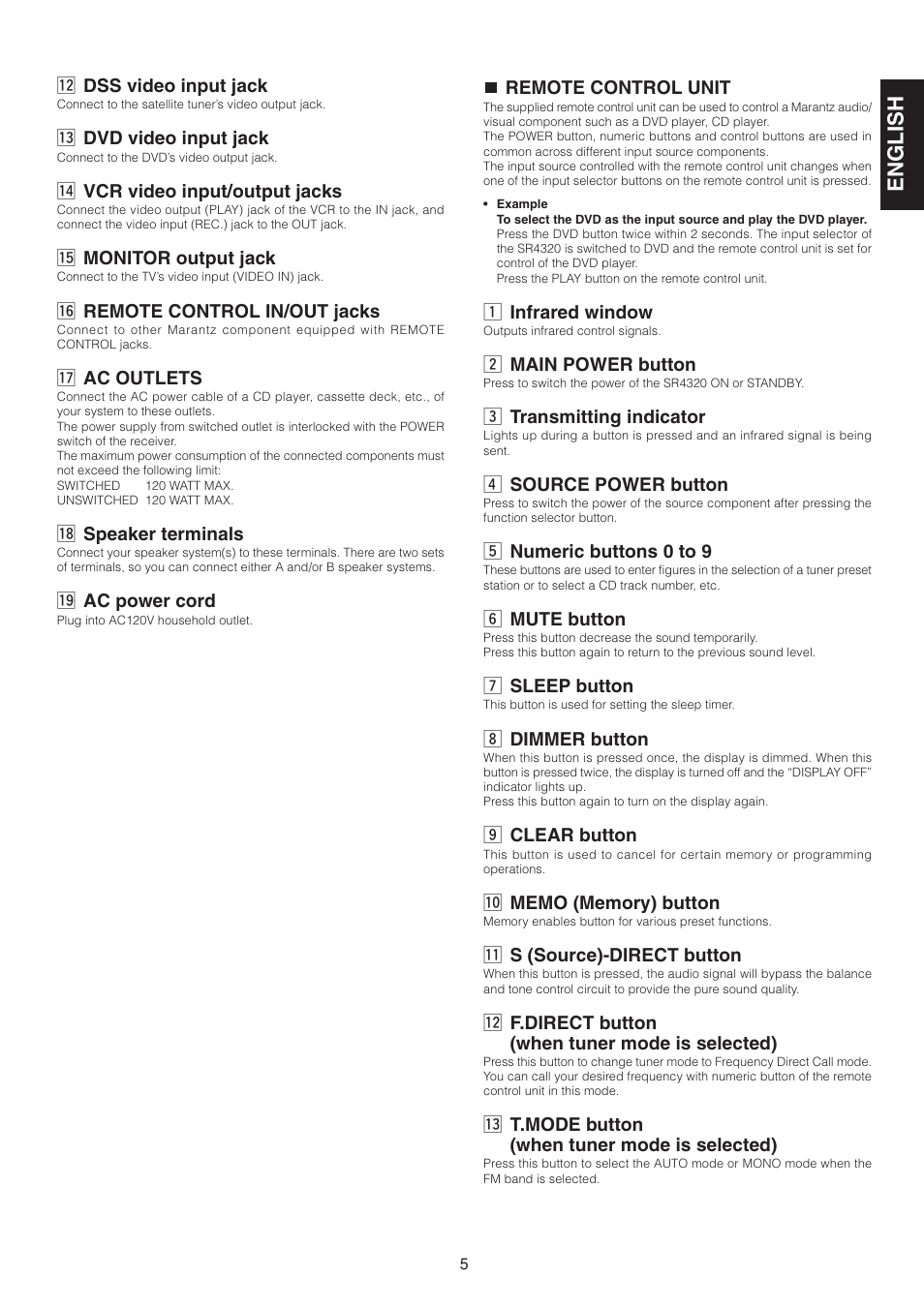 English, 2 dss video input jack, 3 dvd video input jack | 4 vcr video input/output jacks, 5 monitor output jack, 6 remote control in/out jacks, 7 ac outlets, 8 speaker terminals, 9 ac power cord, Remote control unit | Marantz SR4320 User Manual | Page 10 / 25