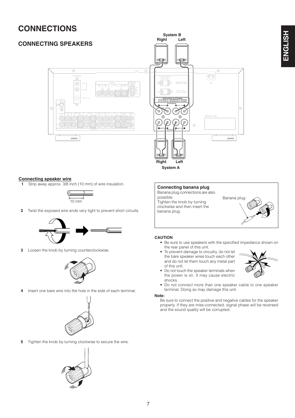 Connections, English, Connecting speakers | Connecting speaker wire, Connecting banana plug, 10 mm | Marantz SR4320 User Manual | Page 12 / 25