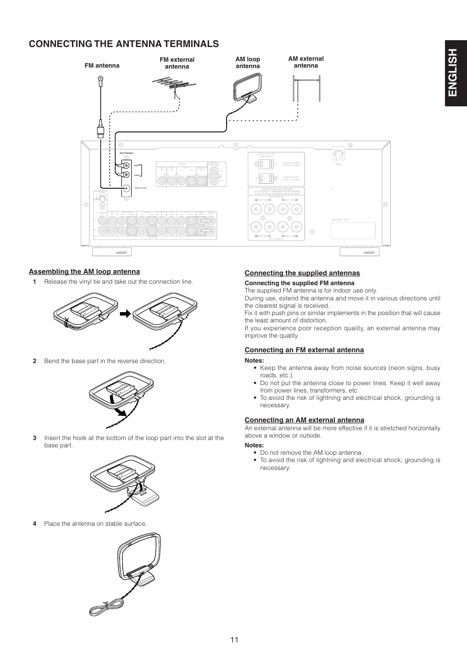 English, Connecting the antenna terminals, Assembling the am loop antenna | Connecting the supplied antennas, Connecting an fm external antenna, Connecting an am external antenna | Marantz SR4320 User Manual | Page 16 / 25