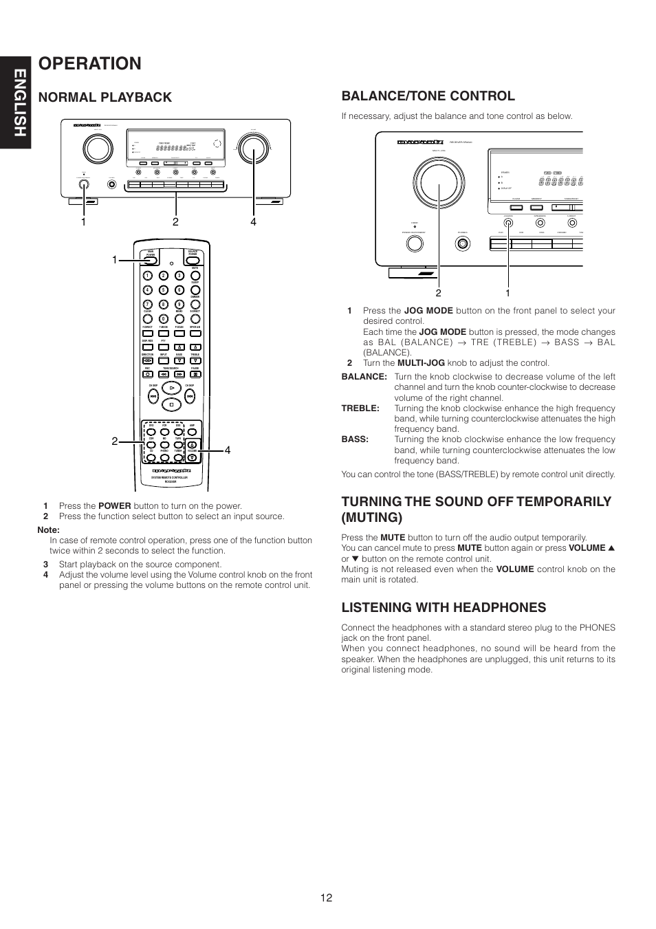 Operation, English, Normal playback | Balance/tone control, Turning the sound off temporarily (muting), Listening with headphones | Marantz SR4320 User Manual | Page 17 / 25