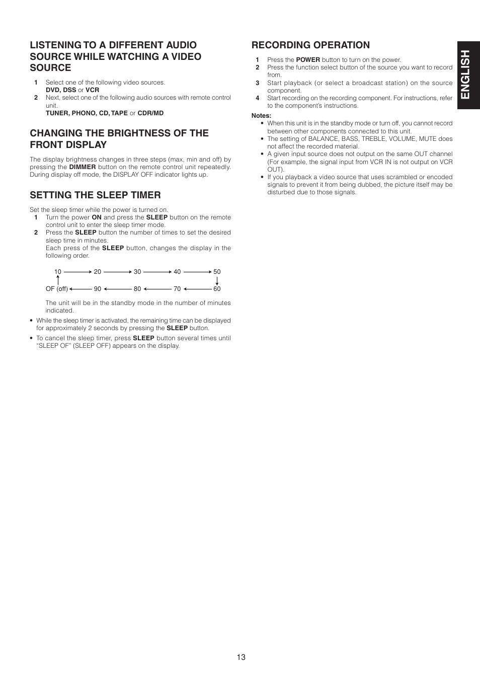 English, Recording operation, Changing the brightness of the front display | Setting the sleep timer | Marantz SR4320 User Manual | Page 18 / 25