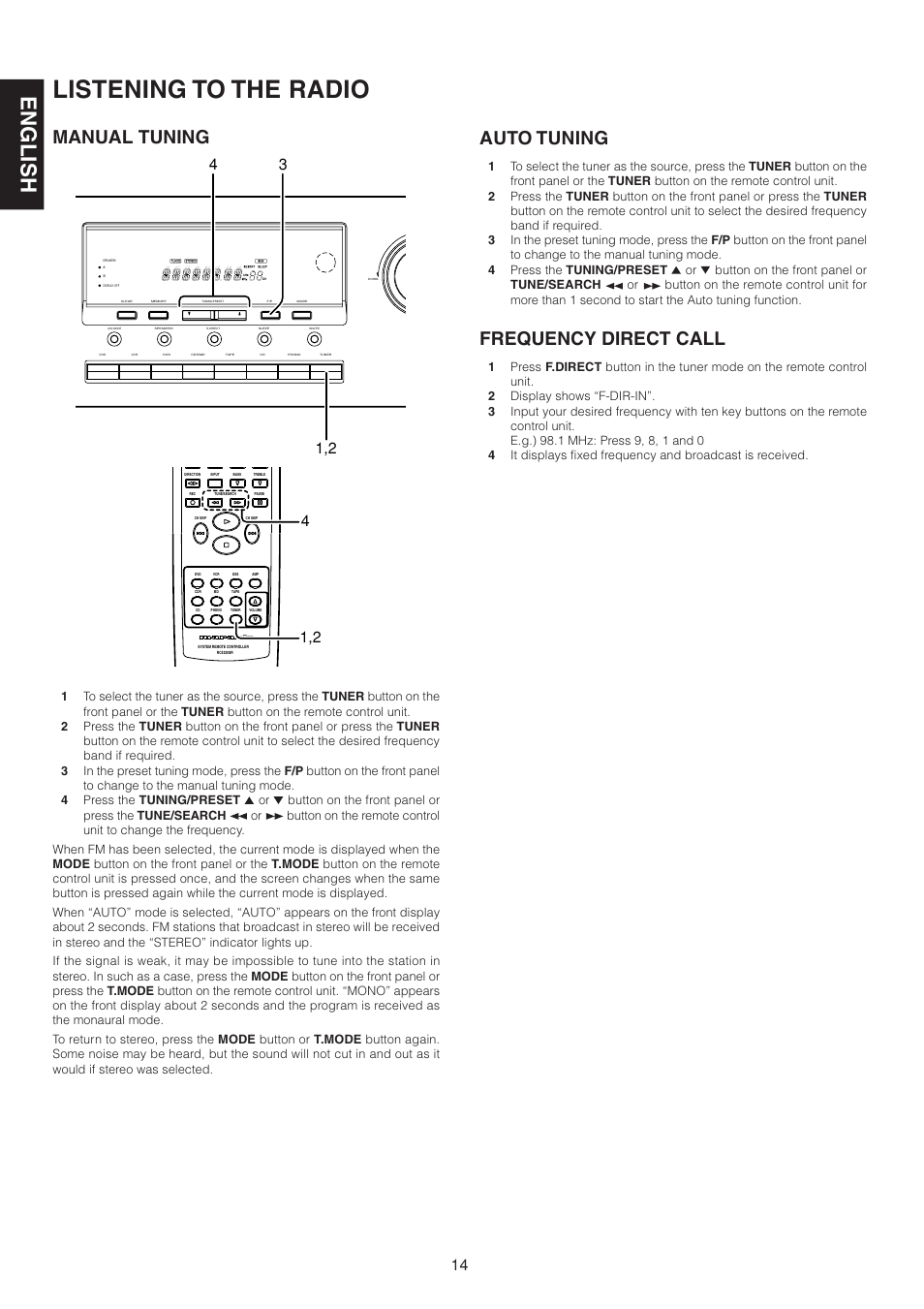 Listening to the radio, English, Manual tuning auto tuning | Frequency direct call | Marantz SR4320 User Manual | Page 19 / 25