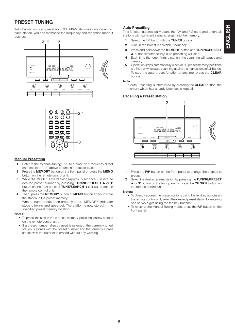 English, Preset tuning, Auto presetting | Recalling a preset station, Manual presetting | Marantz SR4320 User Manual | Page 20 / 25