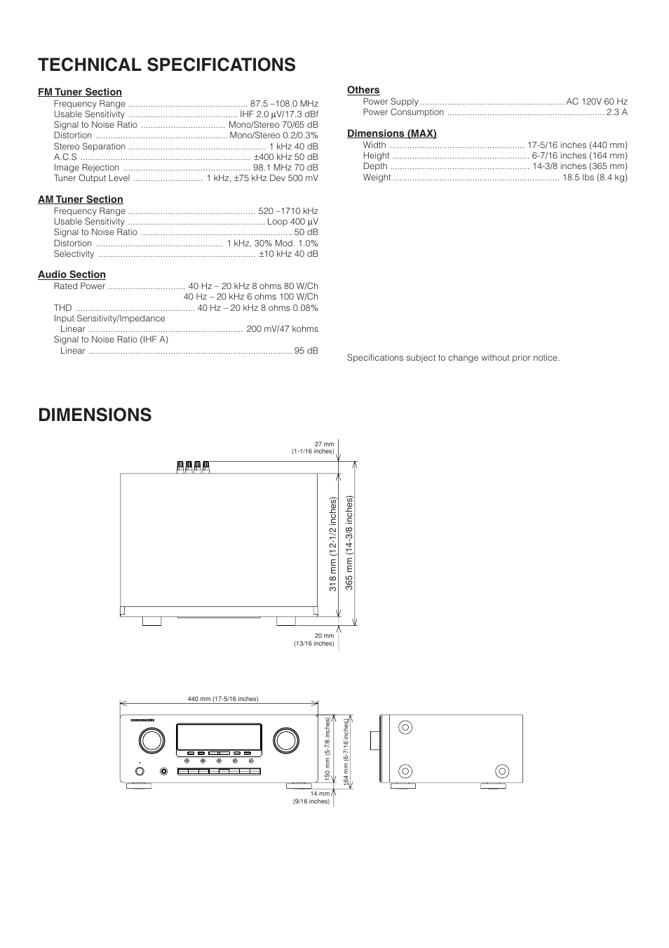 Technical specifications, Dimensions | Marantz SR4320 User Manual | Page 24 / 25