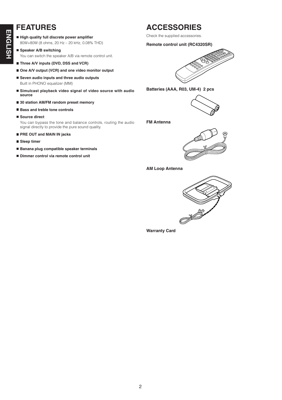 Accessories, Features, English | Marantz SR4320 User Manual | Page 7 / 25