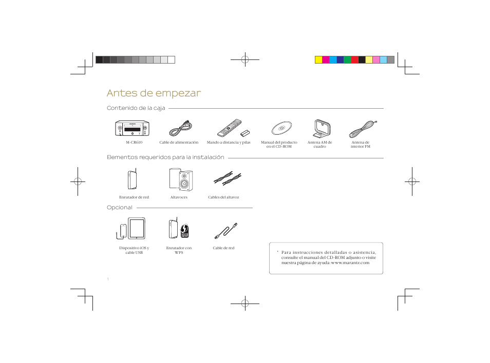 Antes de empezar | Marantz M-CR610 Quick Start User Manual | Page 2 / 8