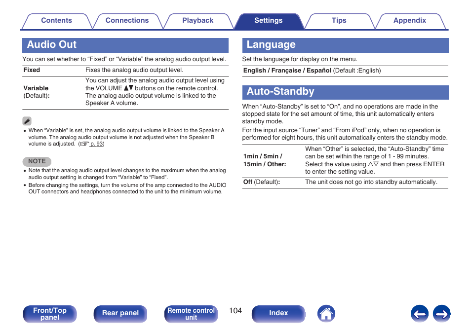 Audio out, Language, Auto-standby | Marantz M-CR611 User Manual | Page 104 / 163