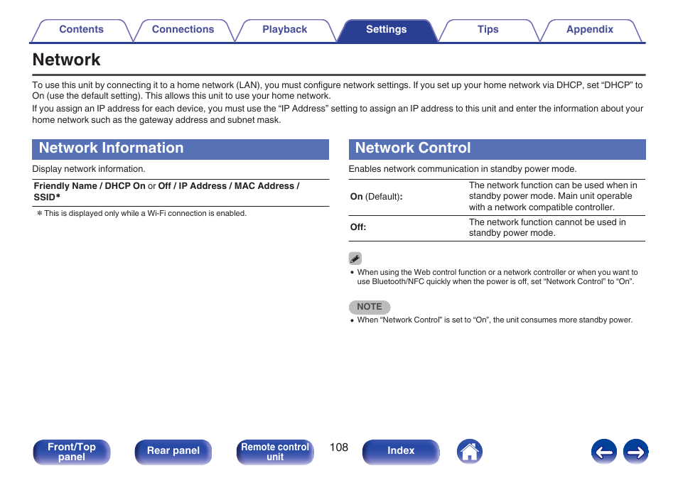 Network, Network information, Network control | Address, etc., at “network”. (v p. 108), Information” ( v p. 108), V p. 108), Information”. ( v p. 108) | Marantz M-CR611 User Manual | Page 108 / 163