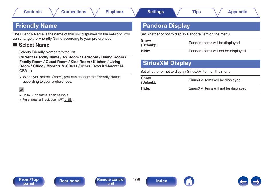 Friendly name, Pandora display, Siriusxm display | Friendly name (v p. 109), Oselect name | Marantz M-CR611 User Manual | Page 109 / 163