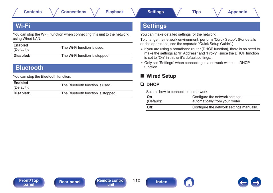 Wi-fi, Bluetooth, Settings | Settings” (v p. 110), V p. 110), Owired setup | Marantz M-CR611 User Manual | Page 110 / 163