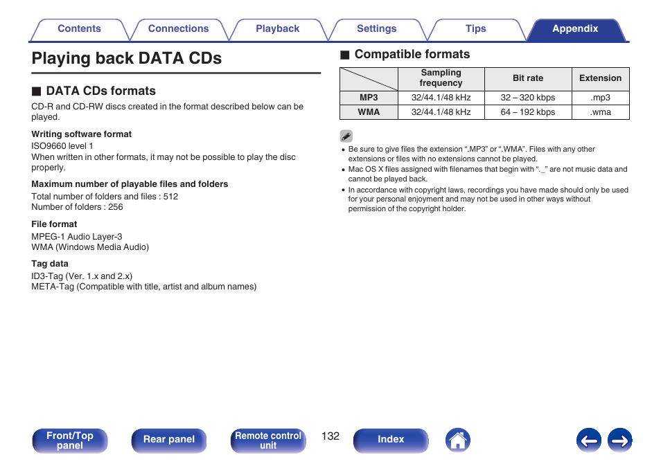 Appendix, Playing back data cds, Playing back data cds” (v p. 132) | O data cds formats, O compatible formats | Marantz M-CR611 User Manual | Page 132 / 163