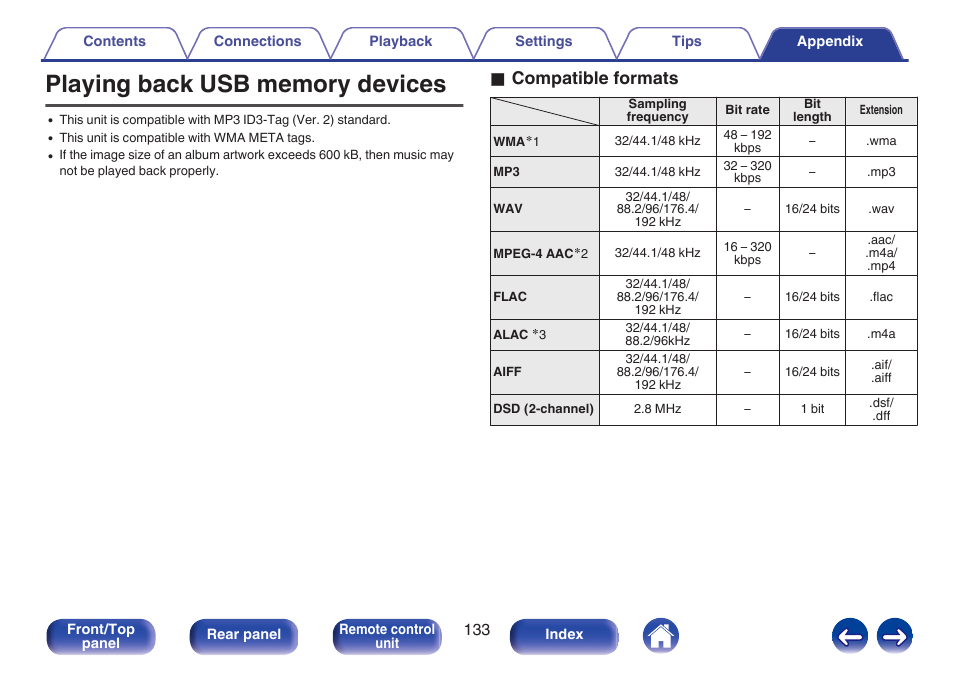 Playing back usb memory devices, See “playing back usb memory devices” (v p. 133), O compatible formats | Marantz M-CR611 User Manual | Page 133 / 163