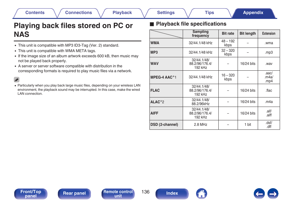 Playing back files stored on pc or nas, O playback file specifications | Marantz M-CR611 User Manual | Page 136 / 163