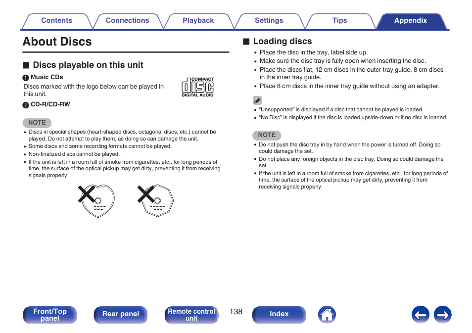 About discs, Tray used to insert a compact disc. (v p. 138), V p. 138) | O discs playable on this unit, O loading discs | Marantz M-CR611 User Manual | Page 138 / 163