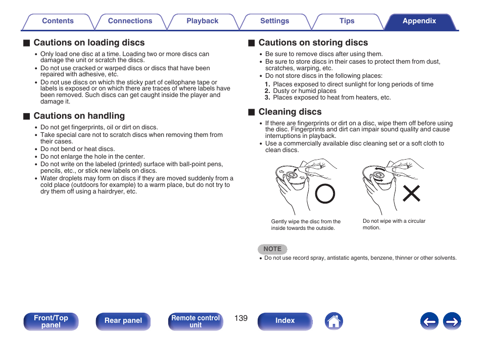 O cautions on loading discs, O cautions on handling, O cautions on storing discs | O cleaning discs | Marantz M-CR611 User Manual | Page 139 / 163