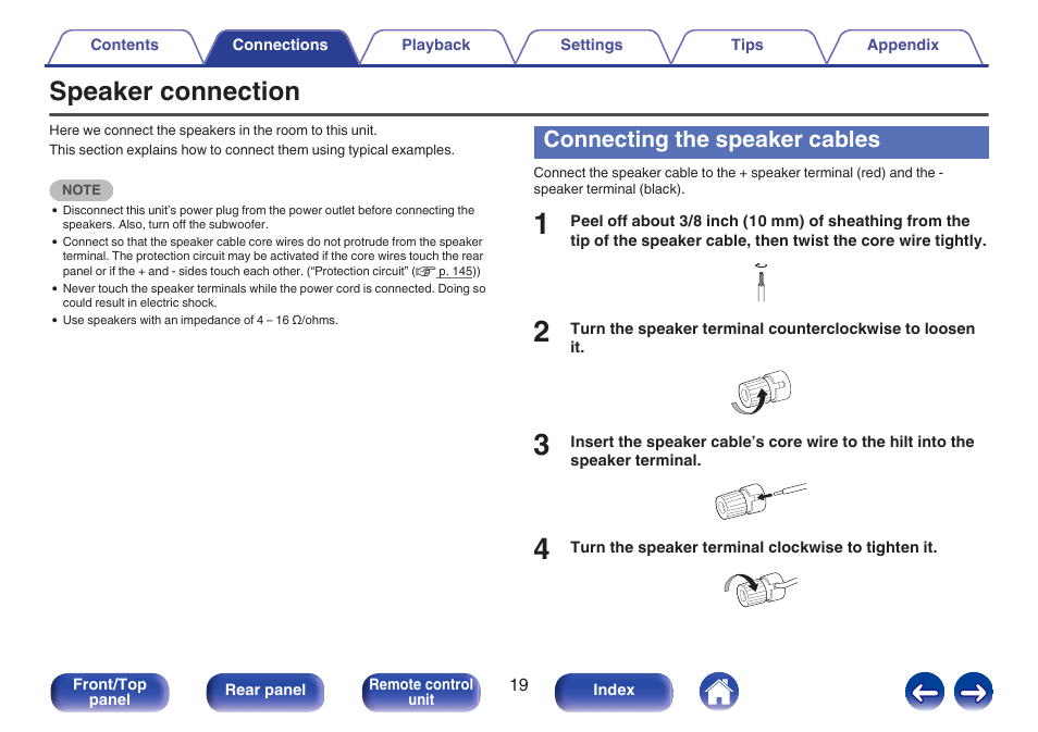 Speaker connection, Connecting the speaker cables | Marantz M-CR611 User Manual | Page 19 / 163