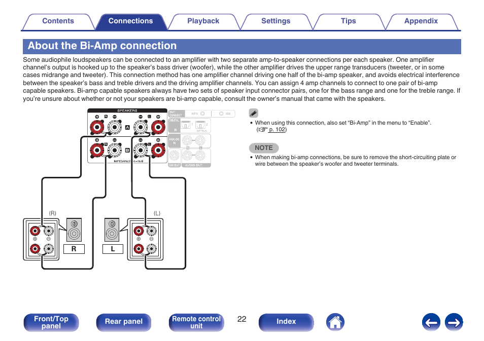 About the bi-amp connection, The bi-amp connection” (v p. 22)) | Marantz M-CR611 User Manual | Page 22 / 163