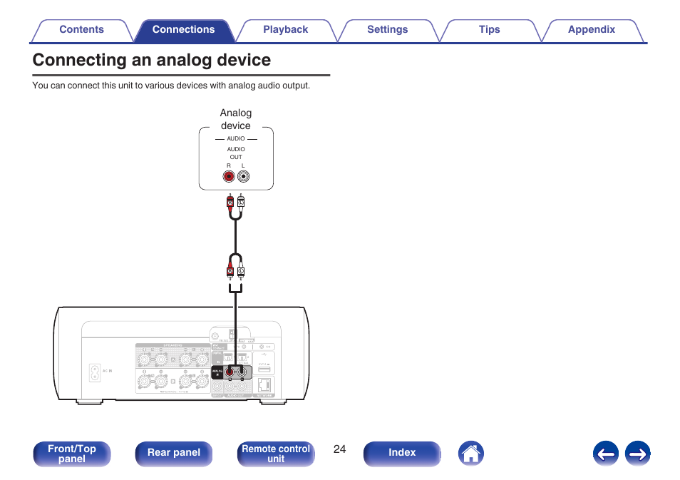 Connecting an analog device, V p. 24) | Marantz M-CR611 User Manual | Page 24 / 163