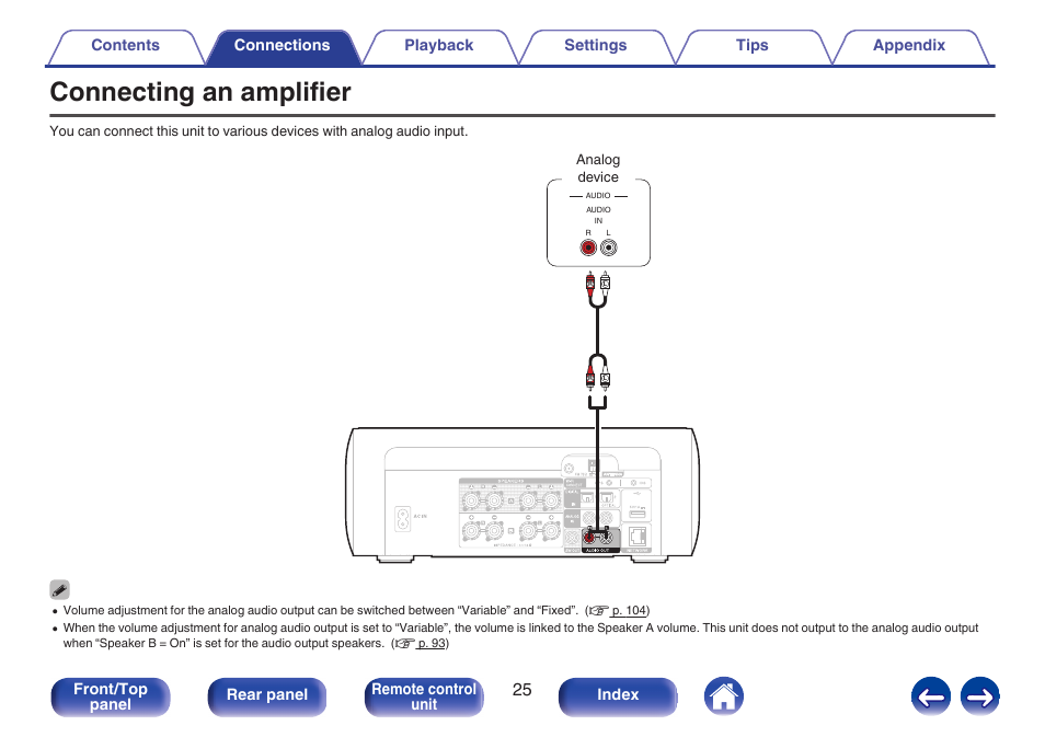 Connecting an amplifier, Or an external pre-main amplifier. (v p. 25) | Marantz M-CR611 User Manual | Page 25 / 163