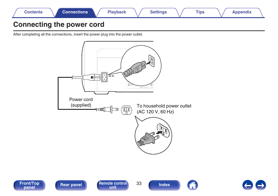 Connecting the power cord, Used to connect the supplied power cord. (v p. 33) | Marantz M-CR611 User Manual | Page 33 / 163