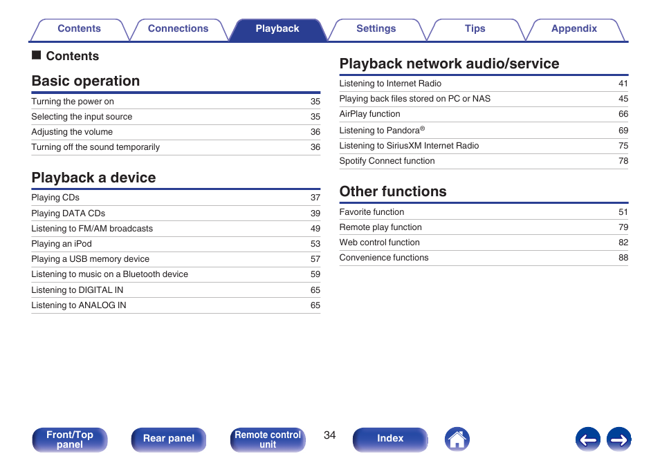 Playback, Basic operation, Playback a device | Playback network audio/service, Other functions, Ocontents | Marantz M-CR611 User Manual | Page 34 / 163