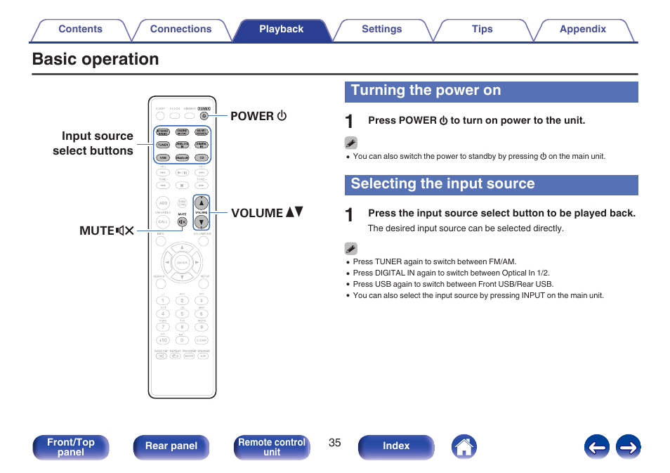 Basic operation, Turning the power on, Selecting the input source | Selects the input source. (v p. 35), These select the input source. (v p. 35), V p. 35) | Marantz M-CR611 User Manual | Page 35 / 163