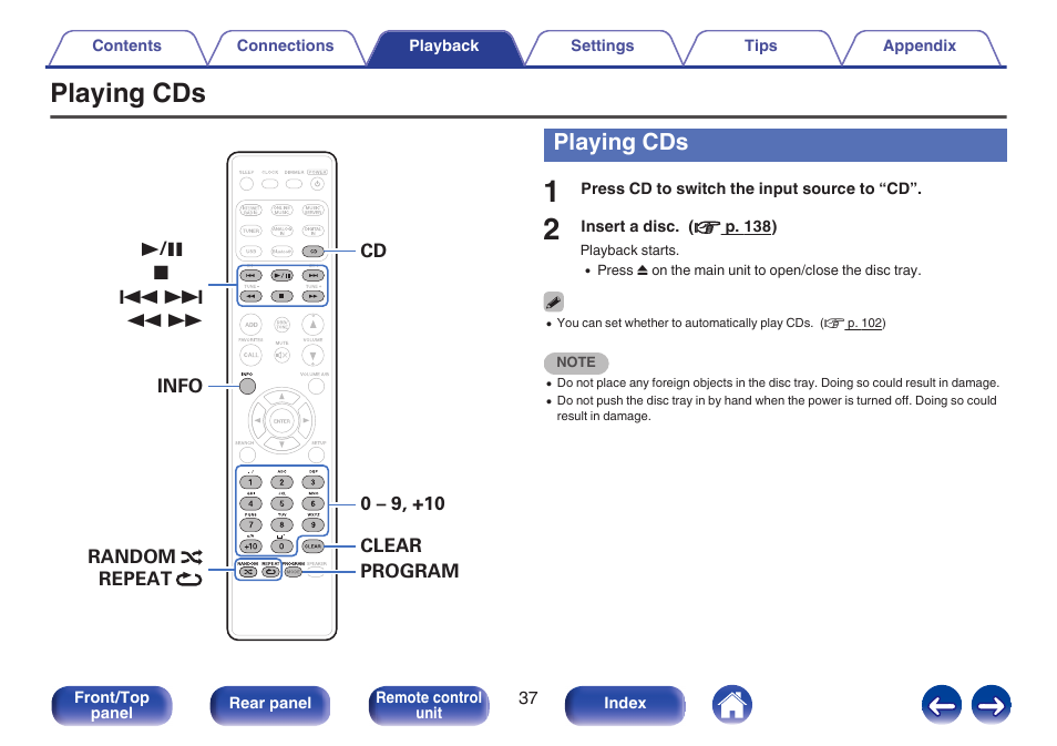 Playing cds | Marantz M-CR611 User Manual | Page 37 / 163