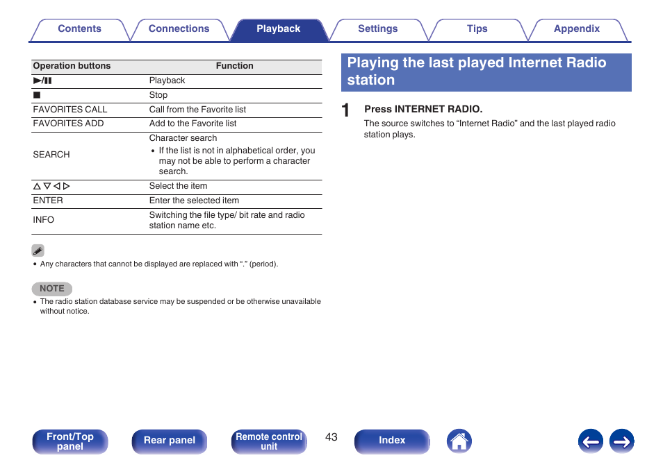 Playing the last played internet radio station | Marantz M-CR611 User Manual | Page 43 / 163