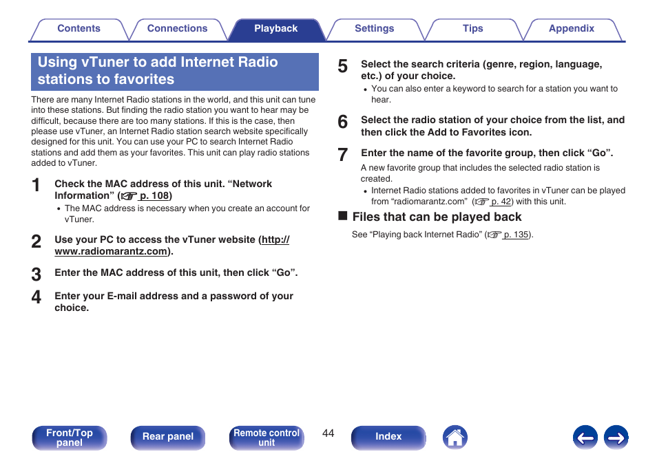 Using vtuner to add internet radio, Stations to favorites” (v p. 44) | Marantz M-CR611 User Manual | Page 44 / 163