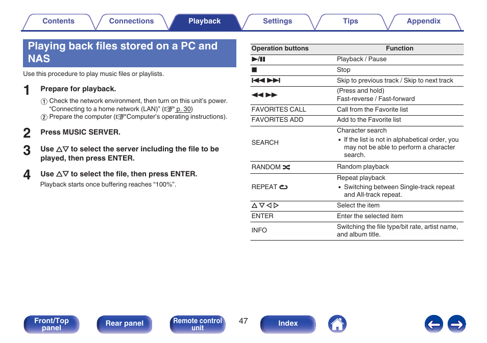 Playing back files stored on a pc and nas | Marantz M-CR611 User Manual | Page 47 / 163