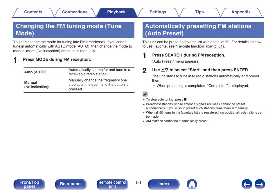 Changing the fm tuning mode (tune mode), Automatically presetting fm stations (auto preset) | Marantz M-CR611 User Manual | Page 50 / 163