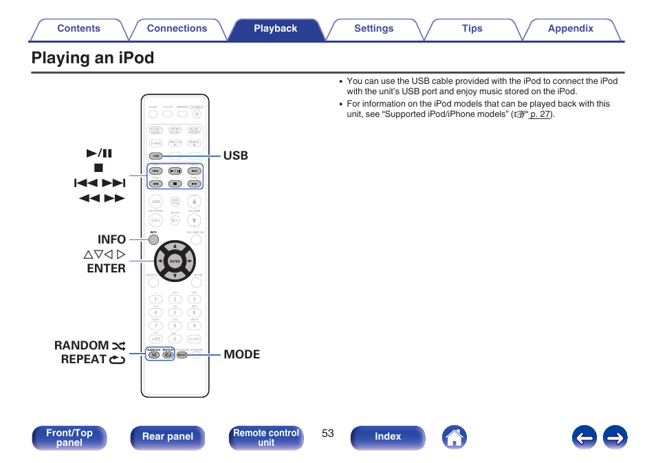 Playing an ipod | Marantz M-CR611 User Manual | Page 53 / 163