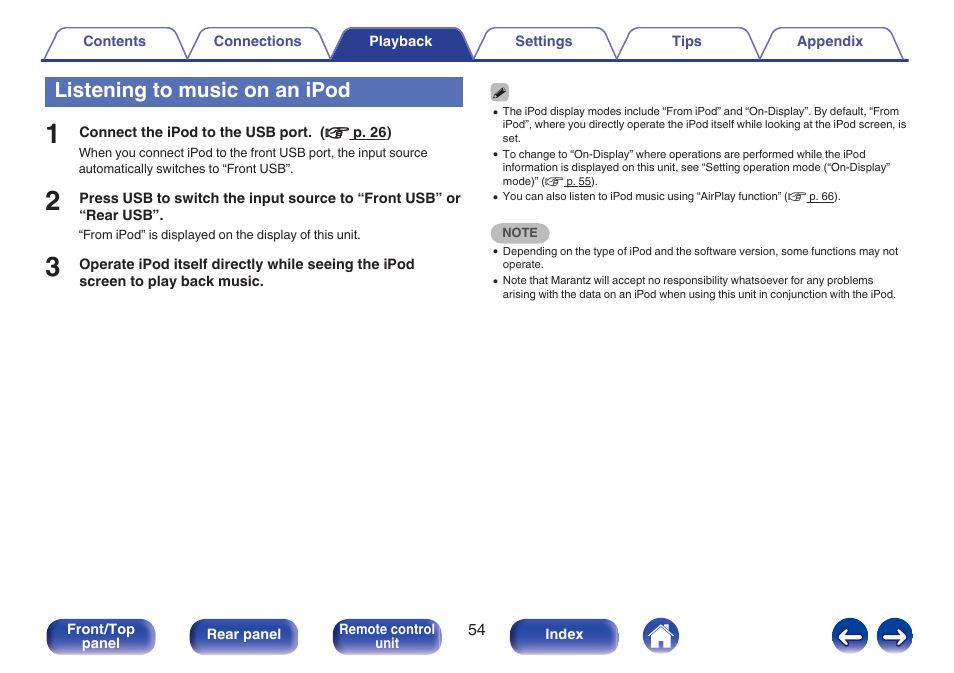 Listening to music on an ipod | Marantz M-CR611 User Manual | Page 54 / 163