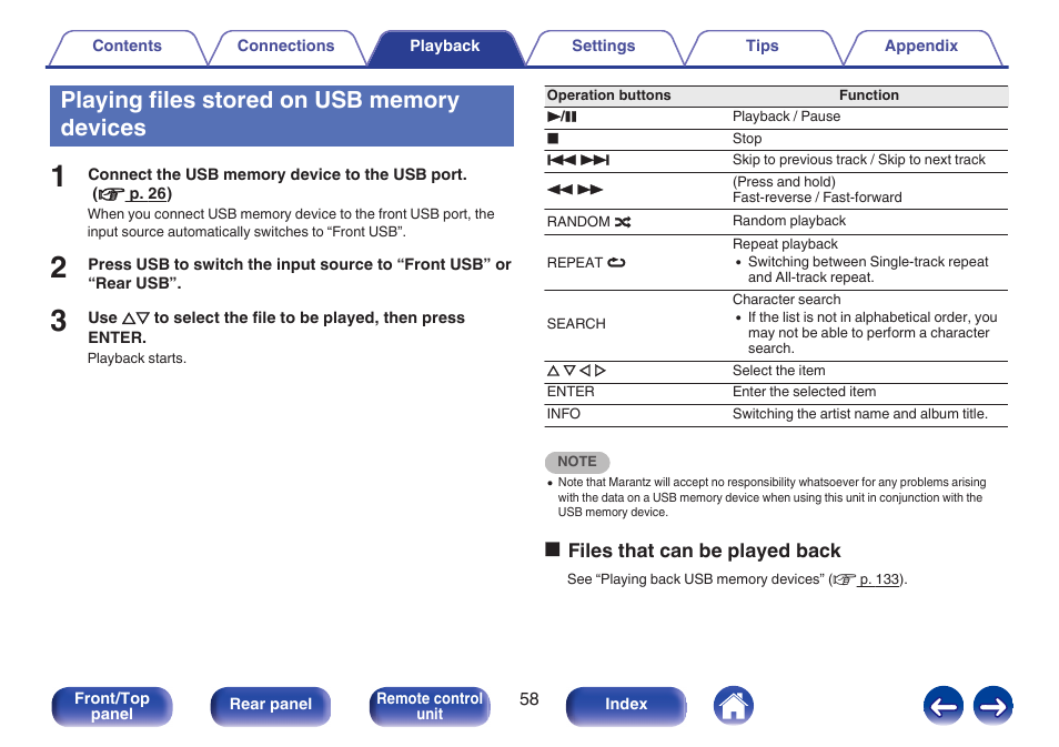 Playing files stored on usb memory devices, V p. 58) | Marantz M-CR611 User Manual | Page 58 / 163