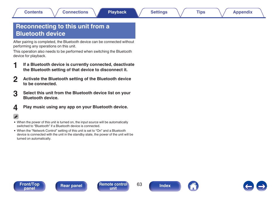 Reconnecting to this unit from a bluetooth device | Marantz M-CR611 User Manual | Page 63 / 163