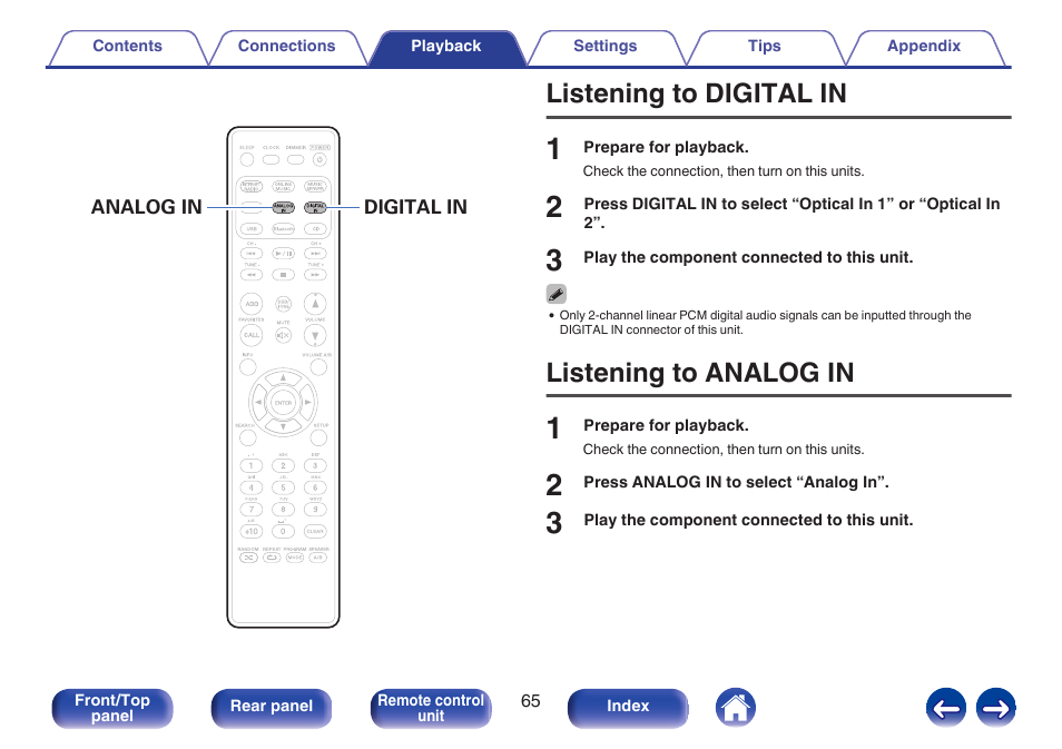 Listening to digital in, Listening to analog in | Marantz M-CR611 User Manual | Page 65 / 163