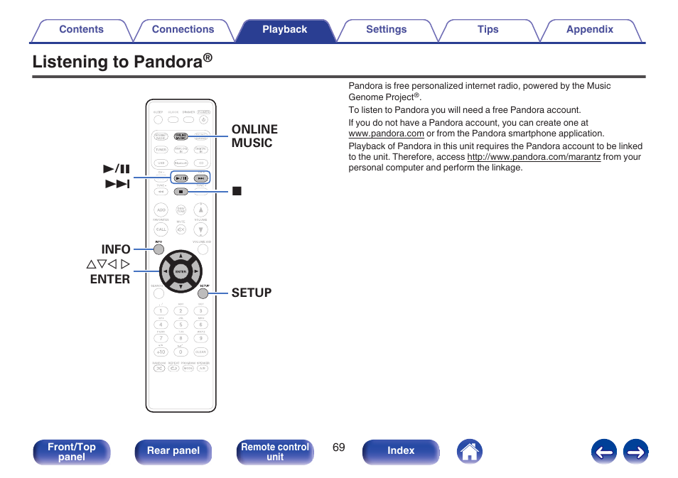 Listening to pandora | Marantz M-CR611 User Manual | Page 69 / 163