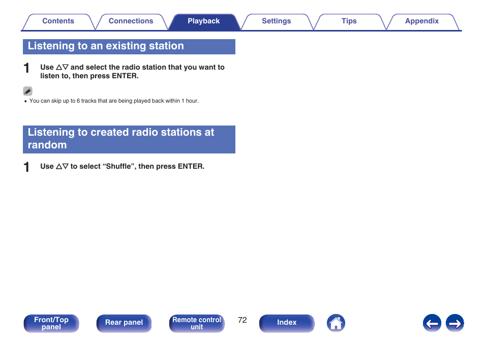 Listening to an existing station, Listening to created radio stations at random | Marantz M-CR611 User Manual | Page 72 / 163