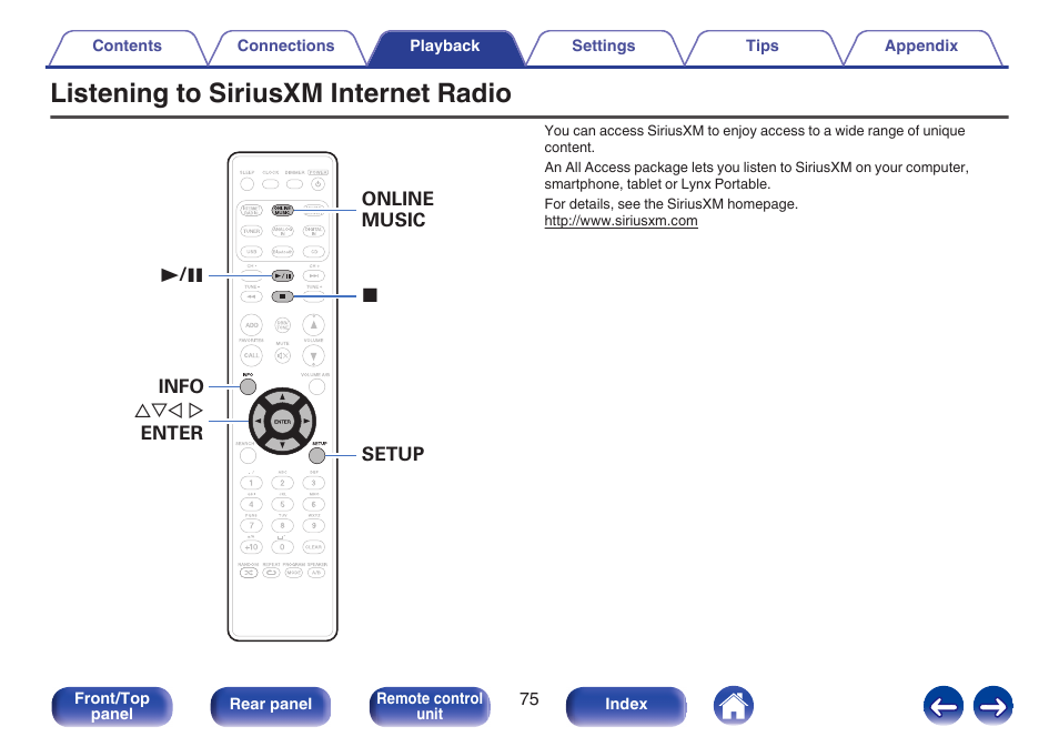 Listening to siriusxm internet radio | Marantz M-CR611 User Manual | Page 75 / 163