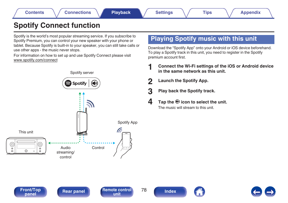 Spotify connect function, Playing spotify music with this unit | Marantz M-CR611 User Manual | Page 78 / 163