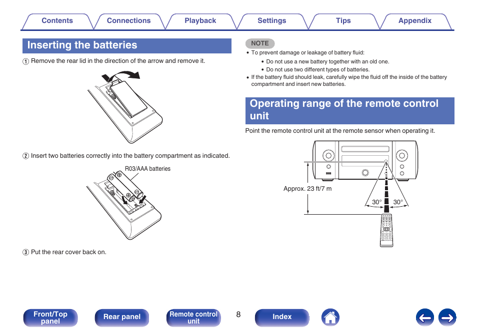 Inserting the batteries, Operating range of the remote control unit | Marantz M-CR611 User Manual | Page 8 / 163