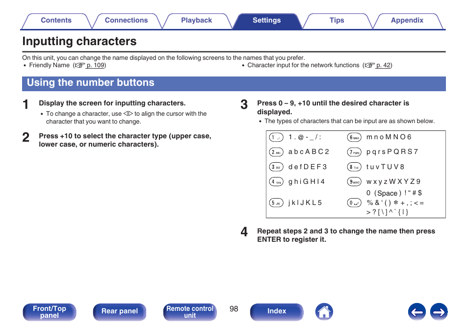 Inputting characters, Using the number buttons, Input, see “inputting | Characters” (v p. 98), V p. 98) | Marantz M-CR611 User Manual | Page 98 / 163